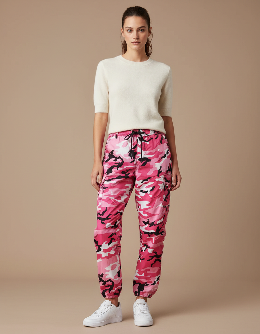 Pantalon Parachute Rose Camouflage Cargo Ample Femme Moderne - Polyester