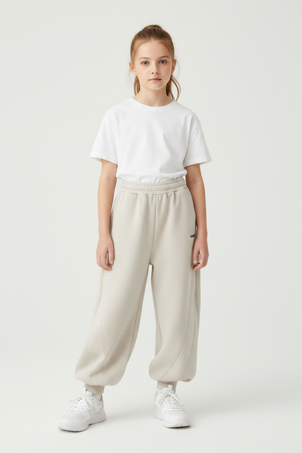 Pantalon Parachute Beige Ample Décontracté Confortable Fille - Molleton