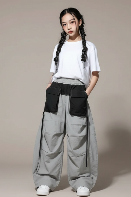 Pantalon Parachute Gris Ample Cargo Enfants Danse - Polyester