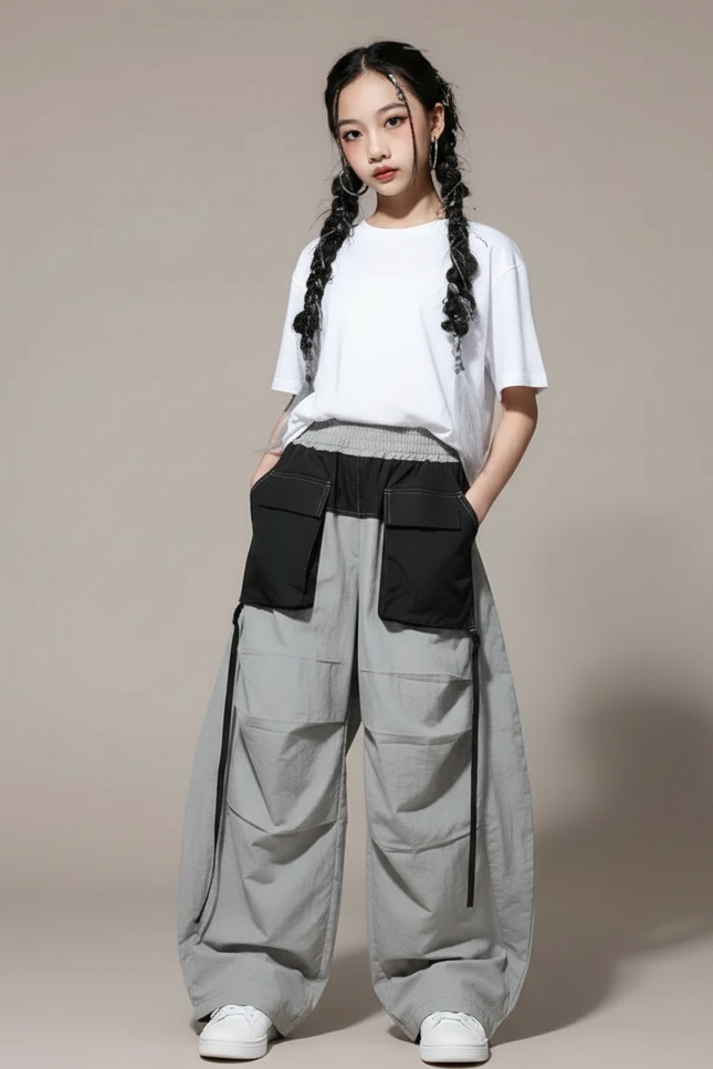 Pantalon Parachute Gris Ample Cargo Enfants Danse - Polyester