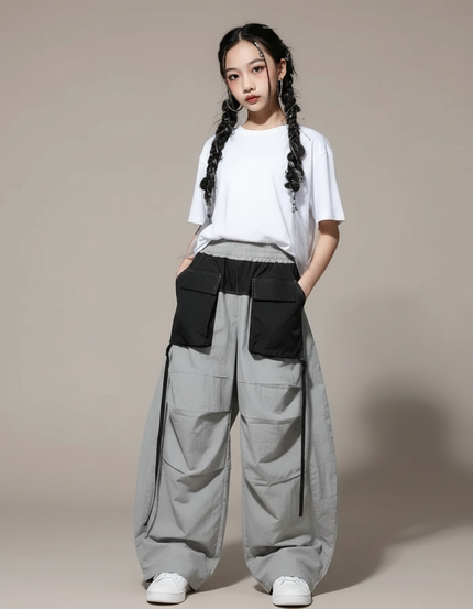 Pantalon Parachute Gris Ample Cargo Enfants Danse - Polyester