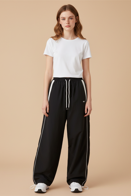 Pantalon Parachute Noir Coupe Large Rayures Blanc - Polyester