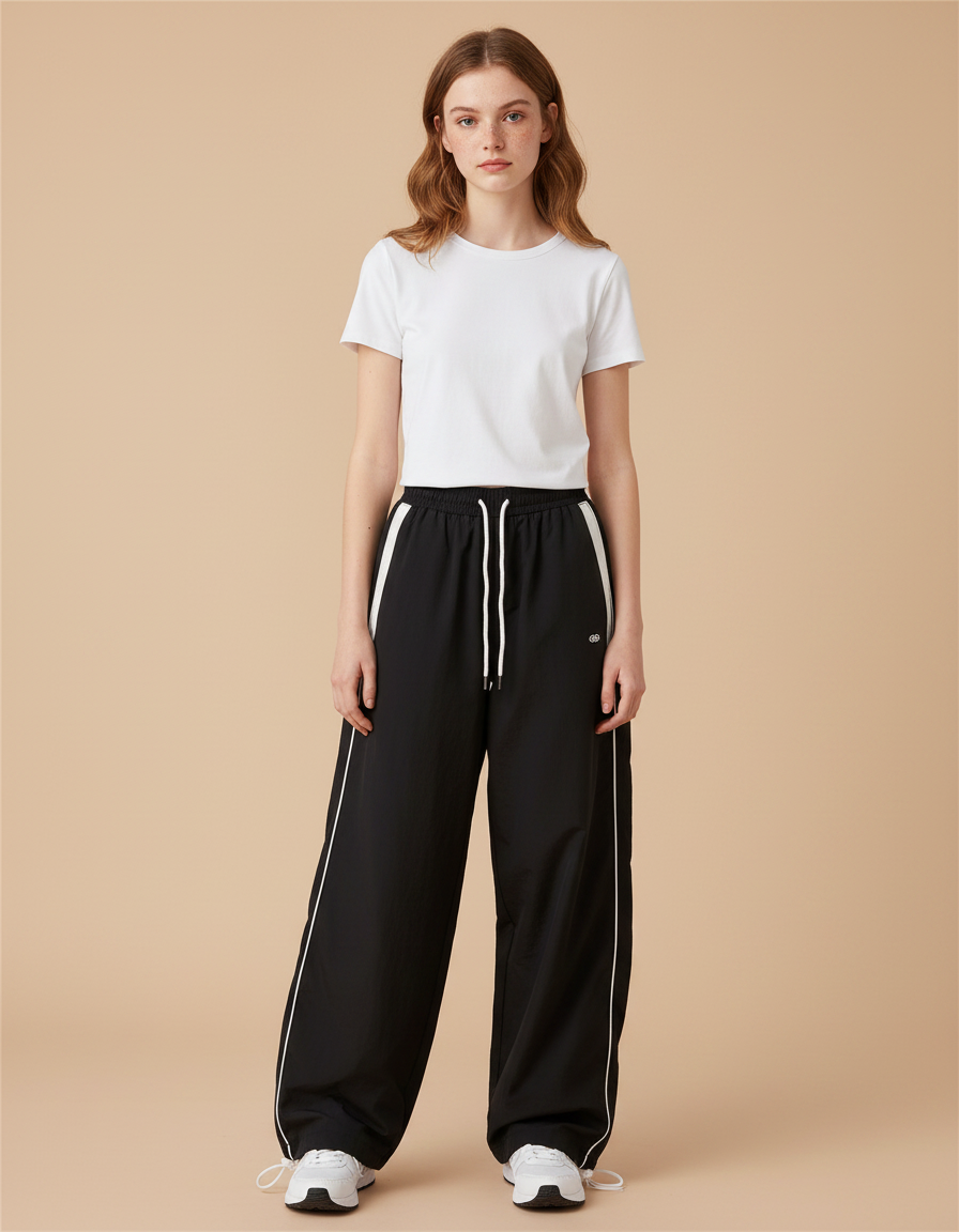 Pantalon Parachute Noir Coupe Large Rayures Blanc - Polyester