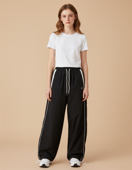 Pantalon Parachute Noir Coupe Large Rayures Blanc - Polyester