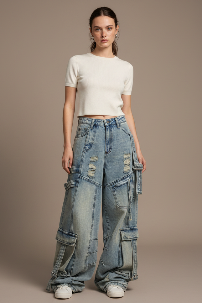 Pantalon Parachute Jean Ample Délavé Multipoches Femme - Bleu