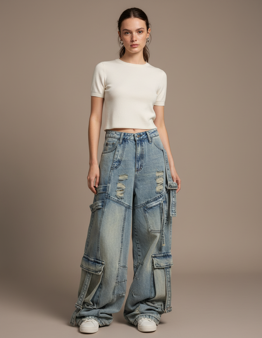 Pantalon Parachute Jean Ample Délavé Multipoches Femme - Bleu