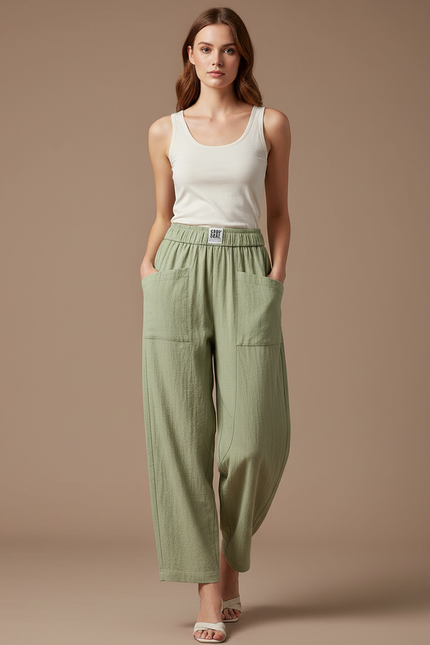Pantalon Parachute Vert Coton Ample Décontracté Fluide