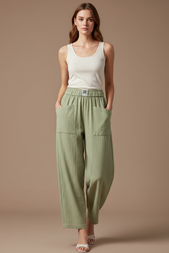 Pantalon Parachute Vert Coton Ample Décontracté Fluide