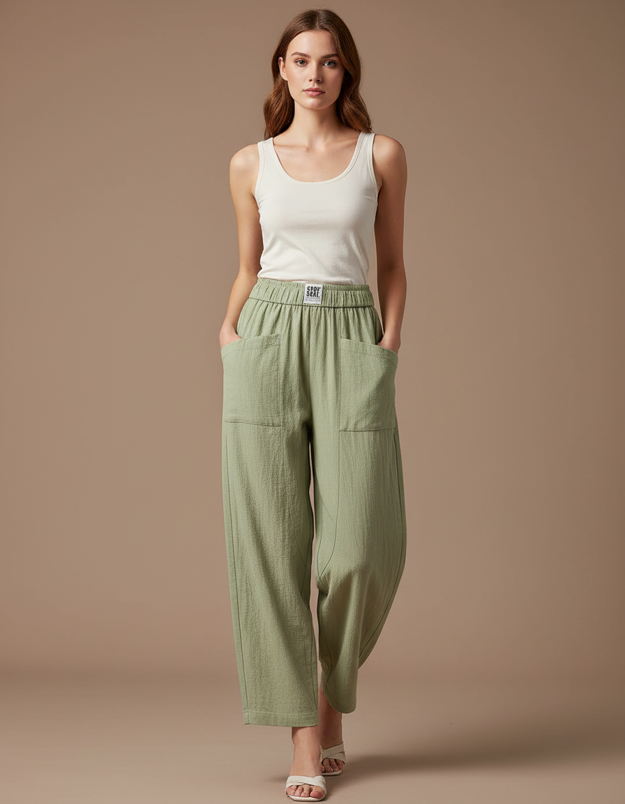 Pantalon Parachute Vert Coton Ample Décontracté Fluide