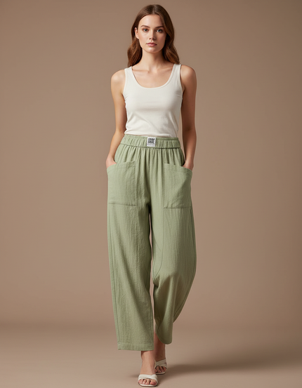 Pantalon Parachute Vert Coton Ample Décontracté Fluide