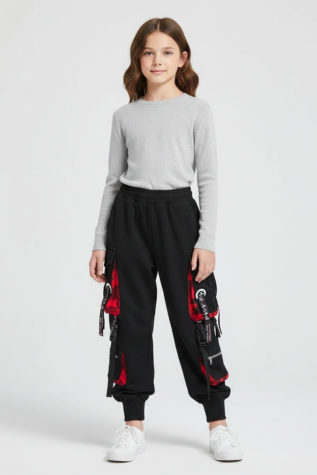 Pantalon Parachute Noir Cargo Carreaux Rouges Ample - Molleton