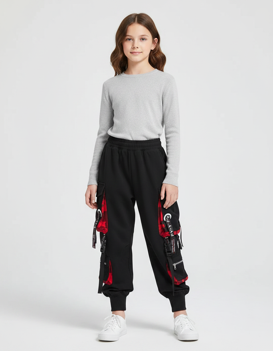 Pantalon Parachute Noir Cargo Carreaux Rouges Ample - Molleton