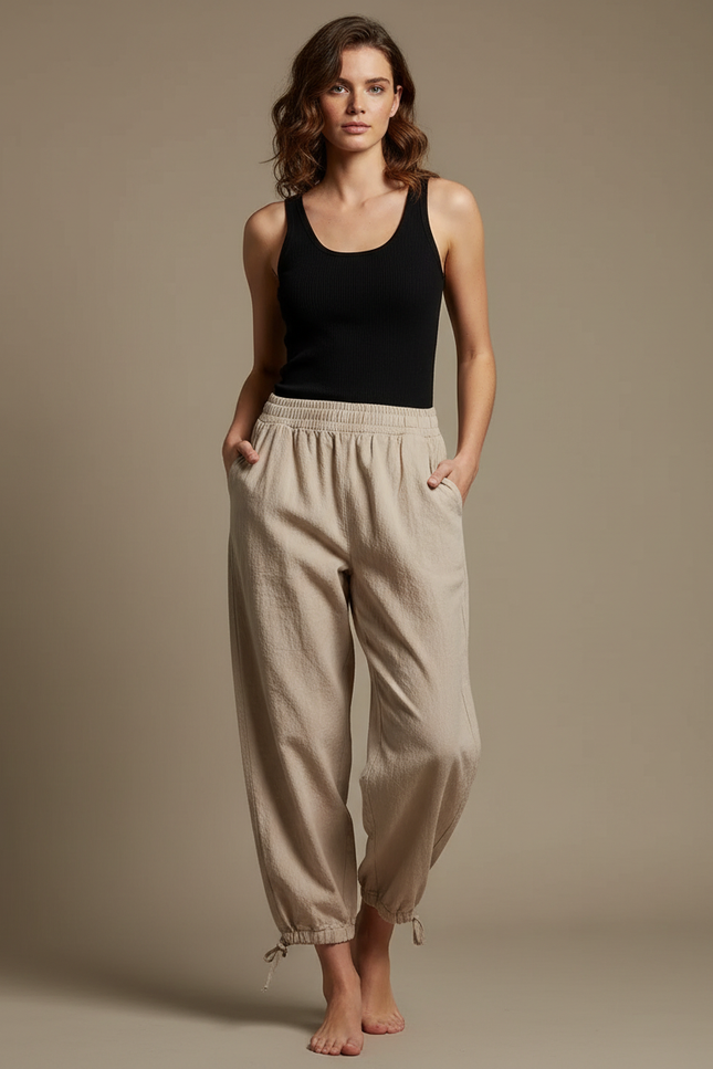 Pantalon Parachute Femme Beige Resserré Aux Chevilles Toile - Lin