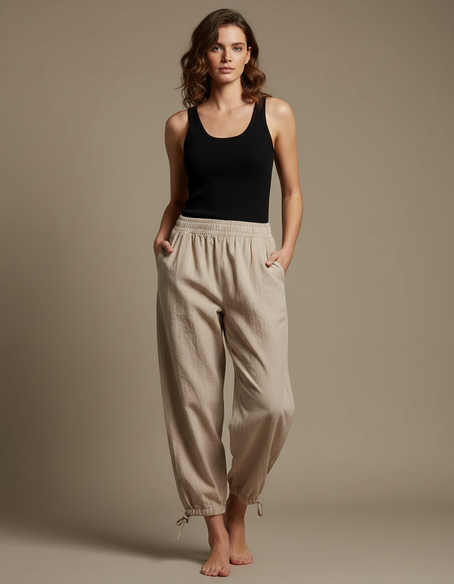 Pantalon Parachute Femme Beige Resserré Aux Chevilles Toile - Lin