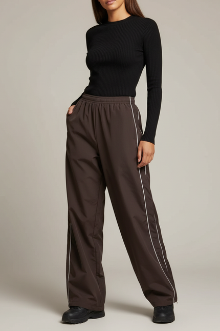 Pantalon Parachute Marron Ample Streetwear Rayures Blanches - Polyester
