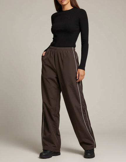 Pantalon Parachute Marron Ample Streetwear Rayures Blanches - Polyester