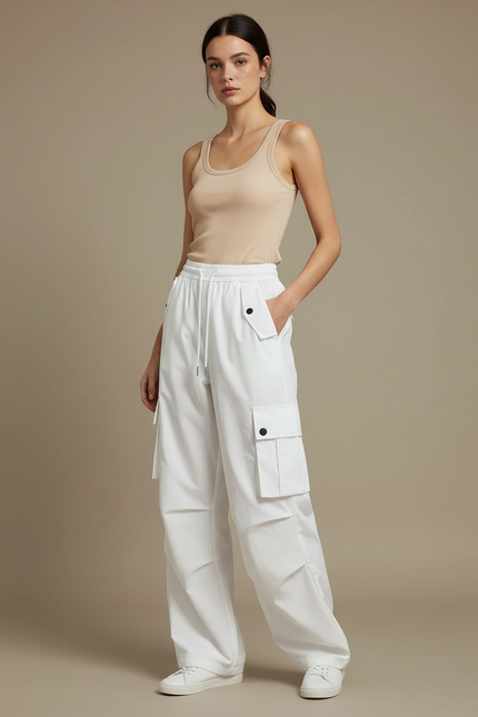 Pantalon Parachute Blanc Cargo Ample Taille Haute Femme - Toile