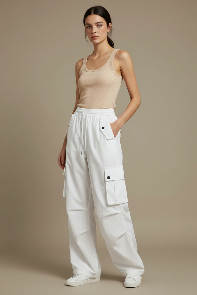 Pantalon Parachute Blanc Cargo Ample Taille Haute Femme - Toile