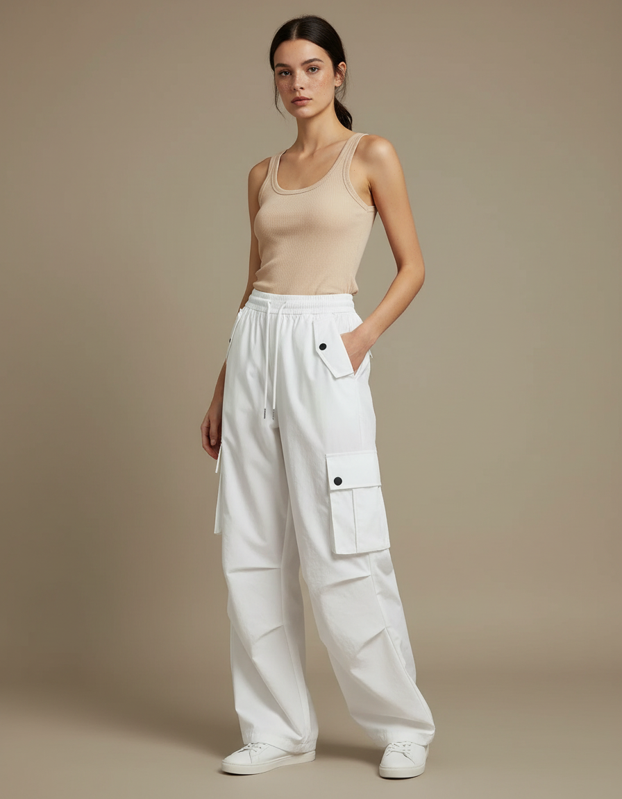 Pantalon Parachute Blanc Cargo Ample Taille Haute Femme - Toile