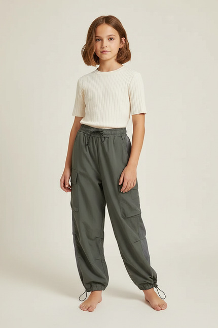 Pantalon Parachute Kaki Cargo Ample Décontracté Enfant - Polyester