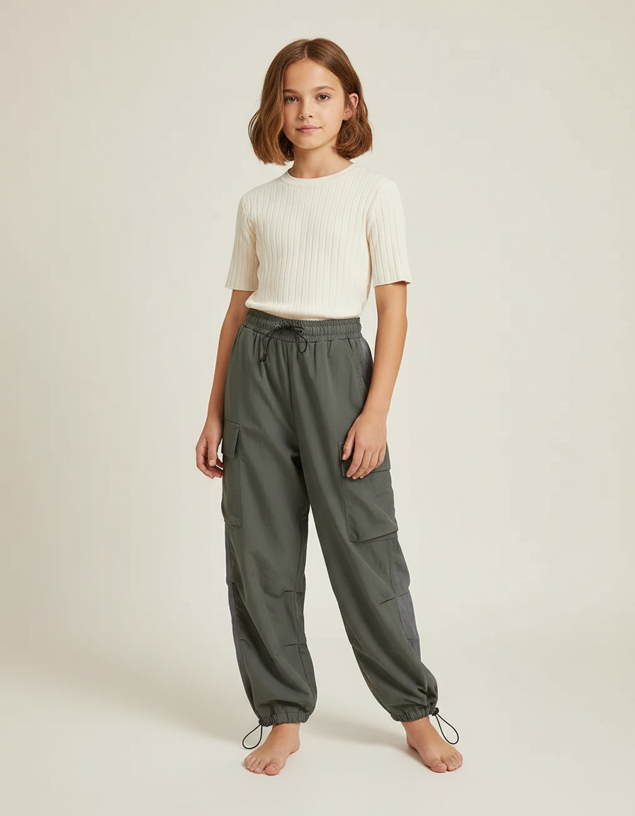Pantalon Parachute Kaki Cargo Ample Décontracté Enfant - Polyester
