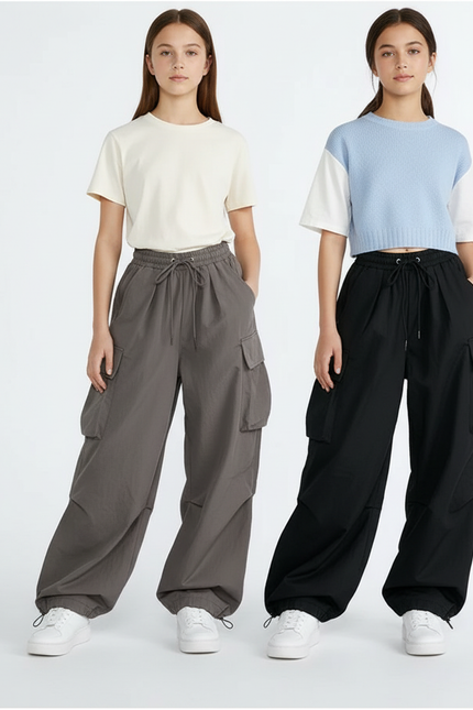 Pantalon Parachute Cargo Ample Gris Noir Streetwear - Polyester