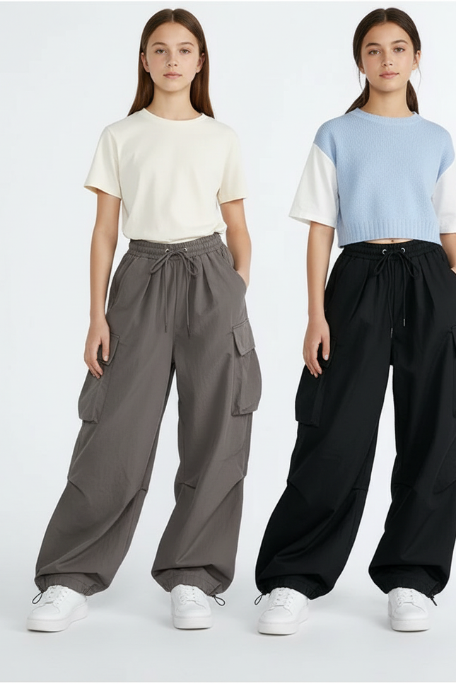 Pantalon Parachute Cargo Ample Gris Noir Streetwear - Polyester