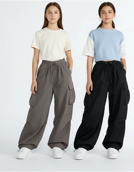 Pantalon Parachute Cargo Ample Gris Noir Streetwear - Polyester