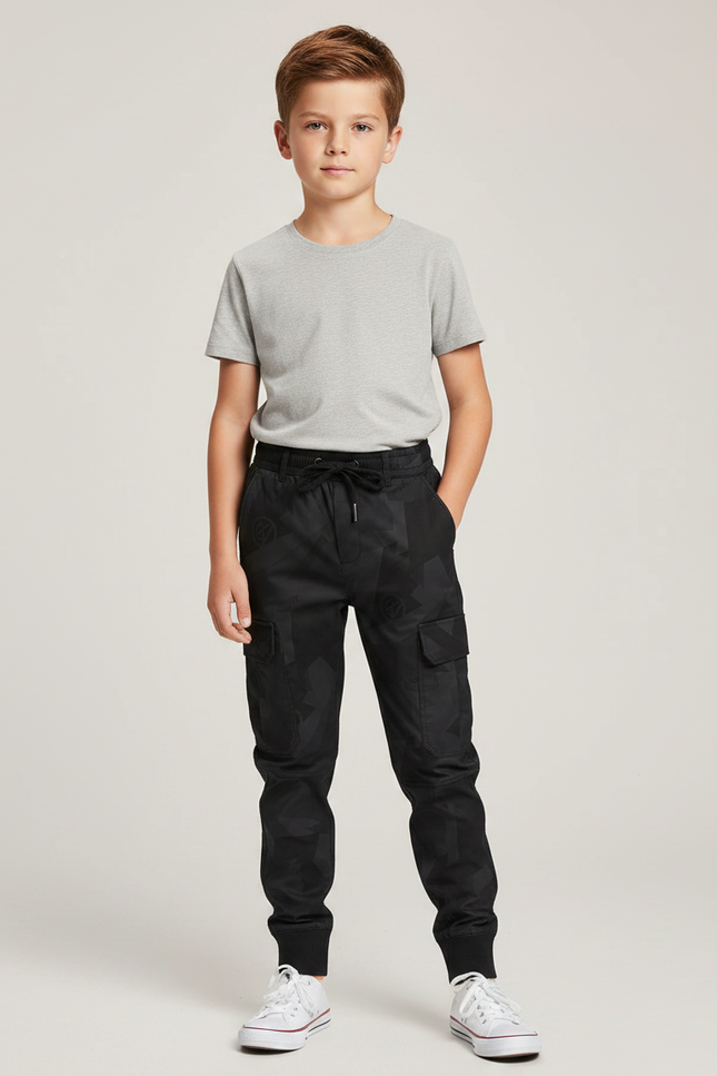 Pantalon Parachute Noir Cargo Motifs Géométriques Enfant - Polyester