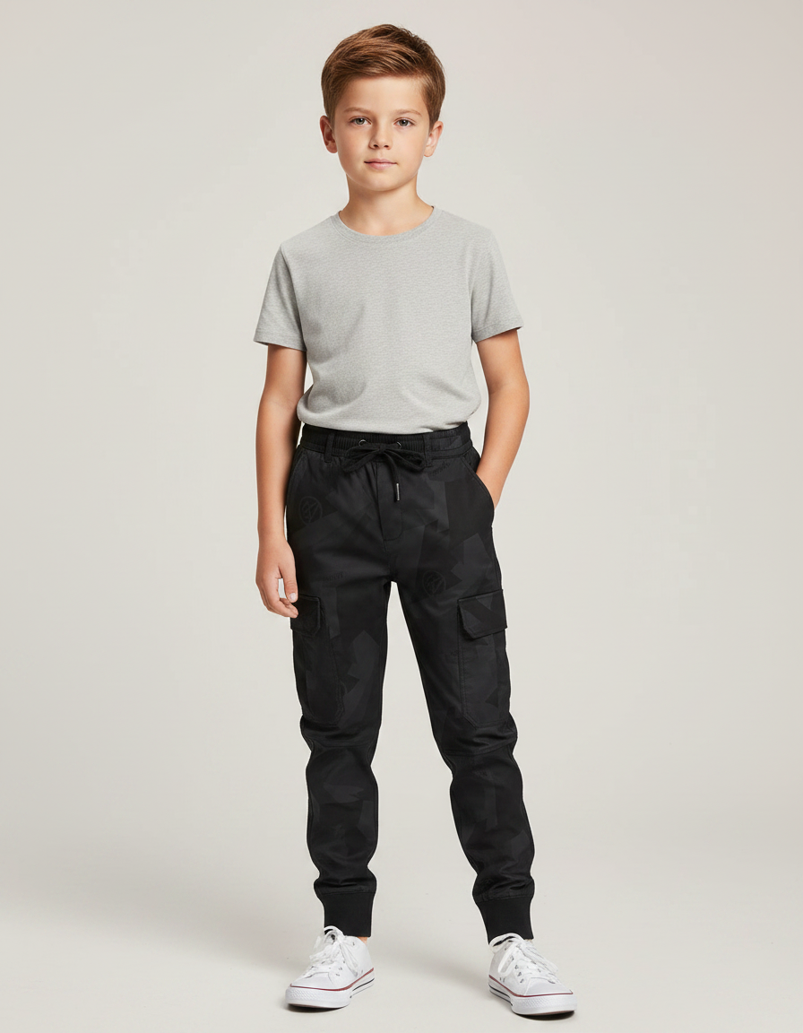 Pantalon Parachute Noir Cargo Motifs Géométriques Enfant - Polyester
