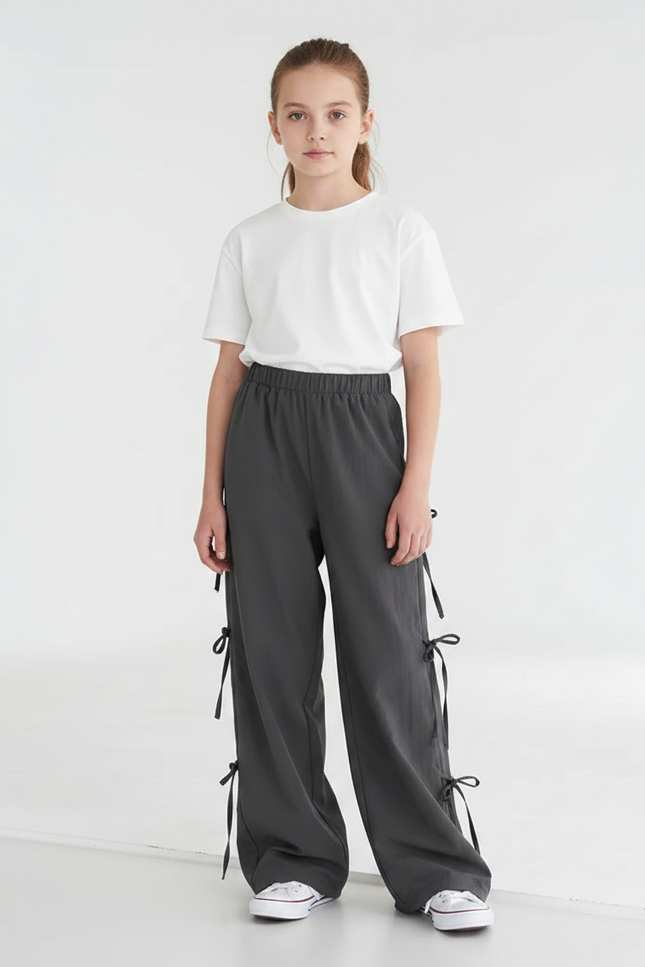 Pantalon Parachute Gris Ample Cordon Latéral Décontracté - Polyester