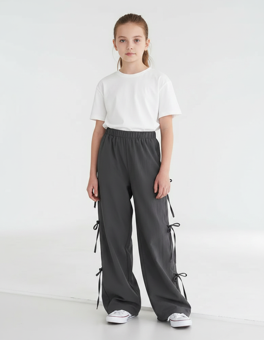 Pantalon Parachute Gris Ample Cordon Latéral Décontracté - Polyester