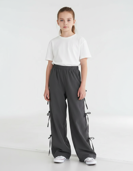 Pantalon Parachute Gris Ample Cordon Latéral Décontracté - Polyester