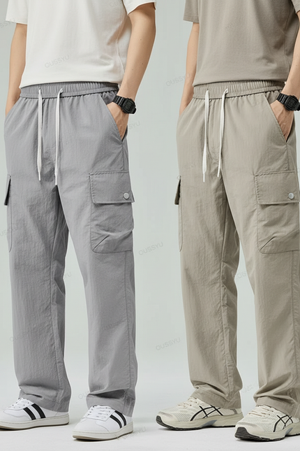 Pantalon Parachute Cargo Décontracté Cordon Nylon Homme - Gris Polyester