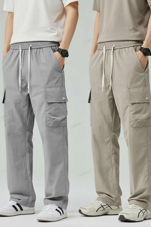 Pantalon Parachute Cargo Décontracté Cordon Nylon Homme - Gris Polyester