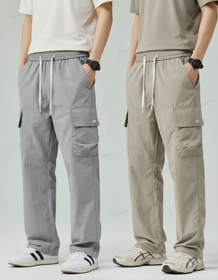 Pantalon Parachute Cargo Décontracté Cordon Nylon Homme - Gris Polyester