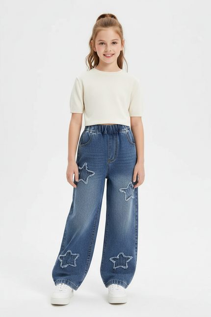 Pantalon Parachute Denim Étoiles Ample Fille Décontracté - Bleu Jean
