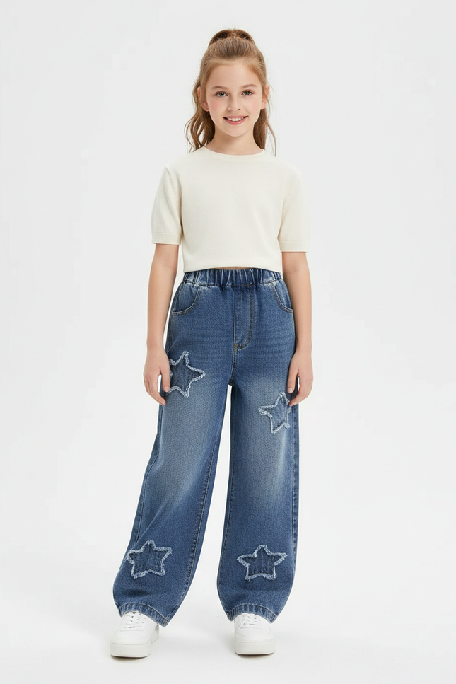 Pantalon Parachute Denim Étoiles Ample Fille Décontracté - Bleu Jean