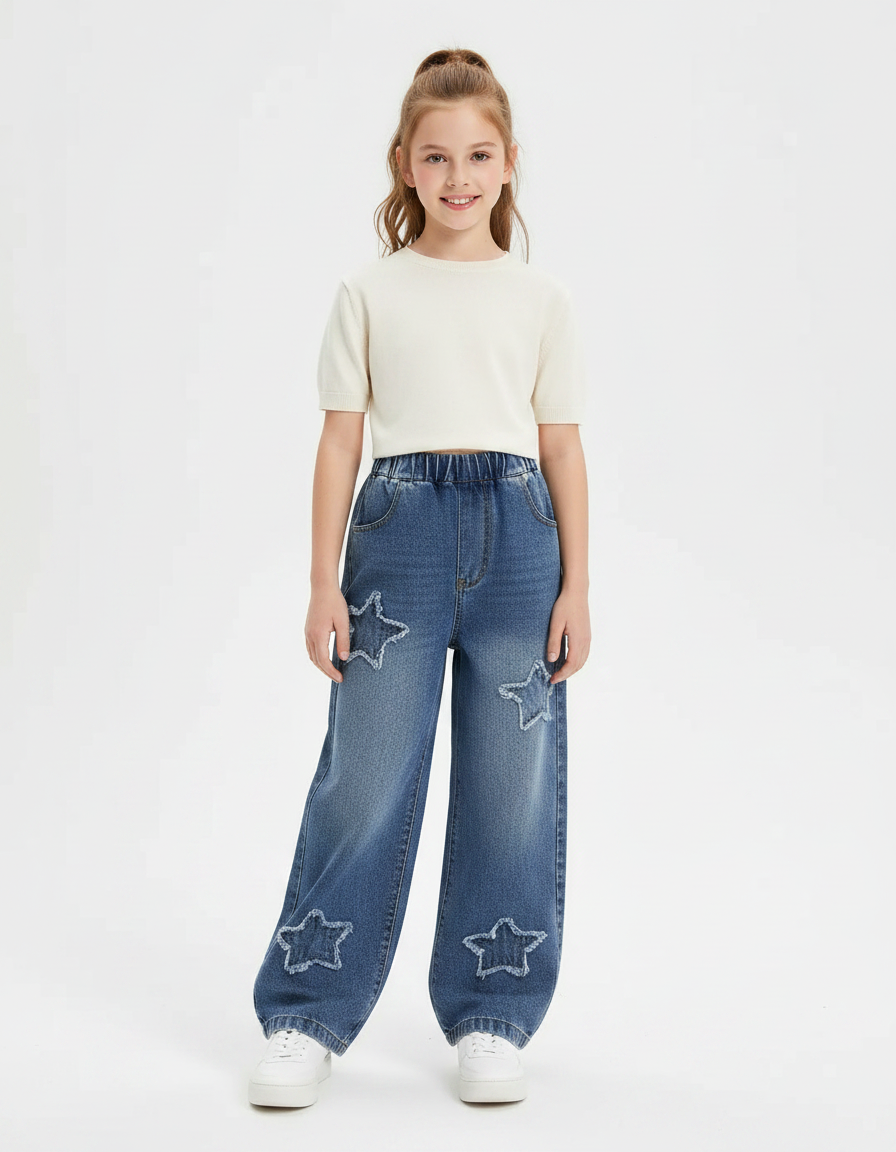 Pantalon Parachute Denim Étoiles Ample Fille Décontracté - Bleu Jean