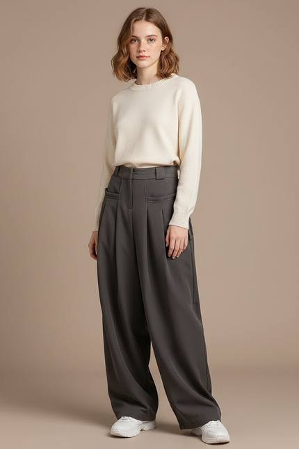 Pantalon Parachute Gris Ample Taille Haute Décontracté Femme - Polyester