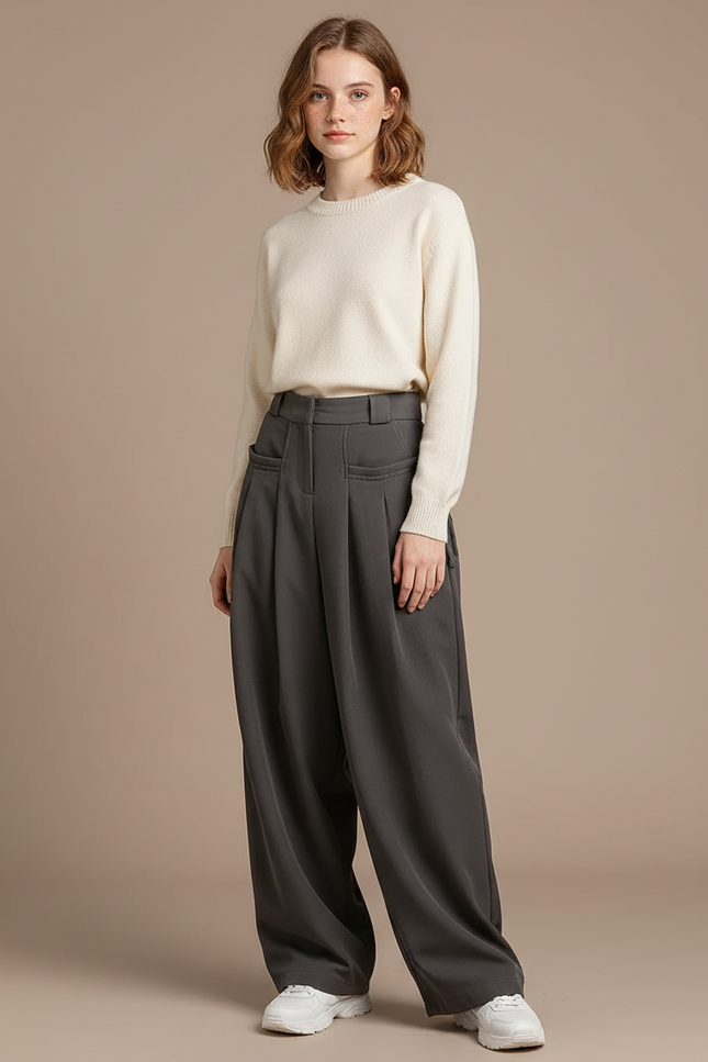 Pantalon Parachute Gris Ample Taille Haute Décontracté Femme - Polyester