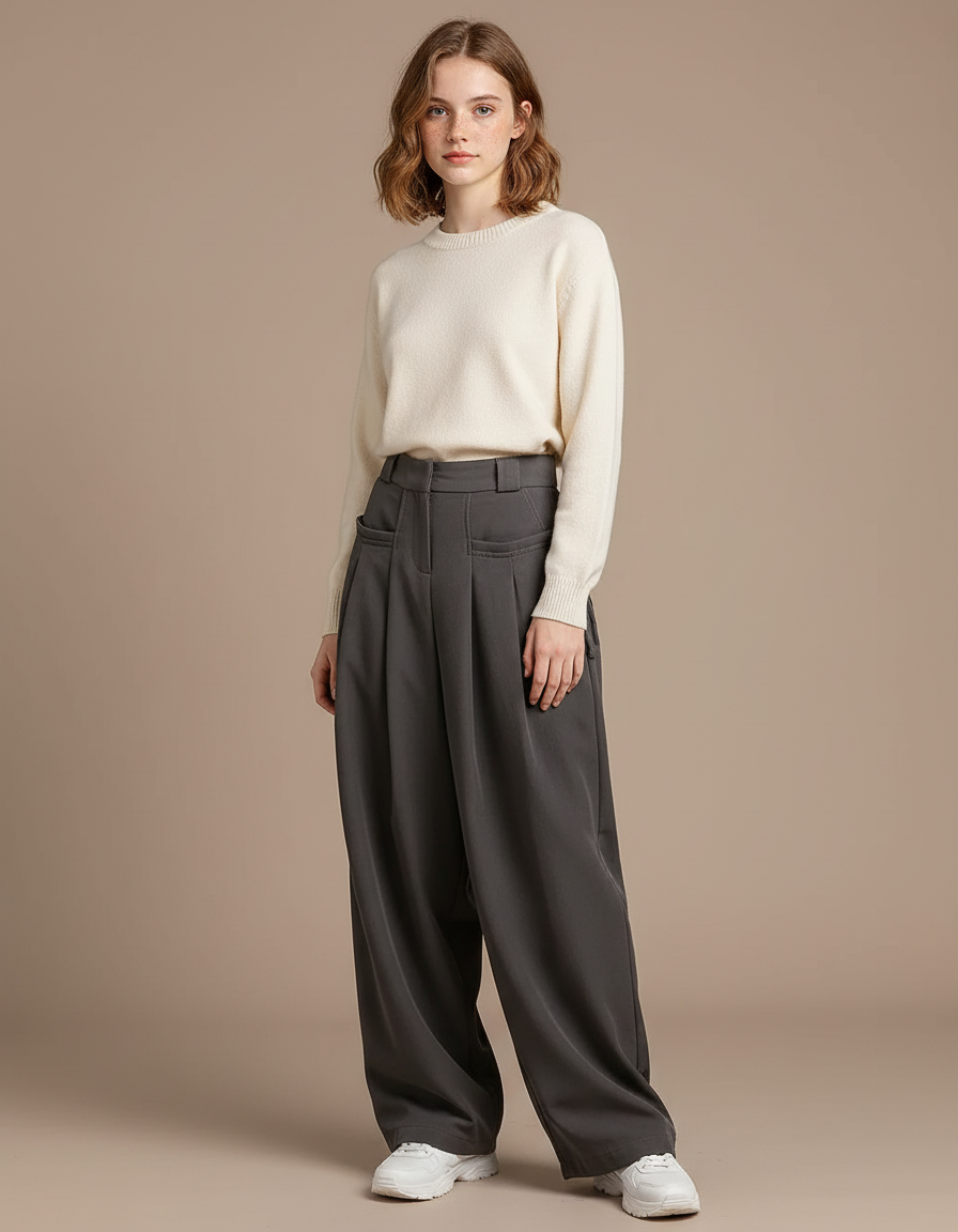 Pantalon Parachute Gris Ample Taille Haute Décontracté Femme - Polyester