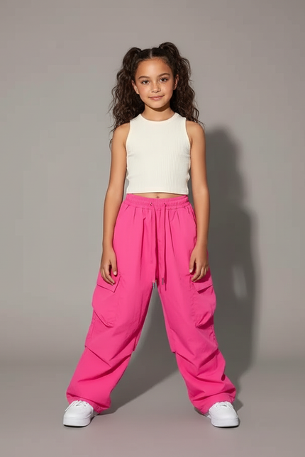 Pantalon Parachute Rose Vif Cargo Ample Enfant Fille - Polyester