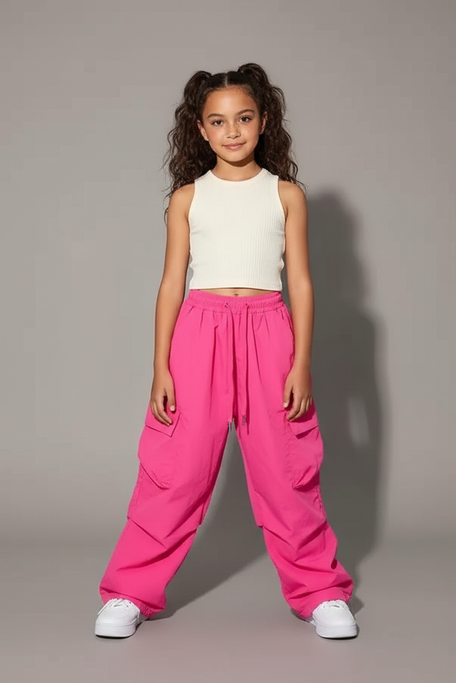 Pantalon Parachute Rose Vif Cargo Ample Enfant Fille - Polyester