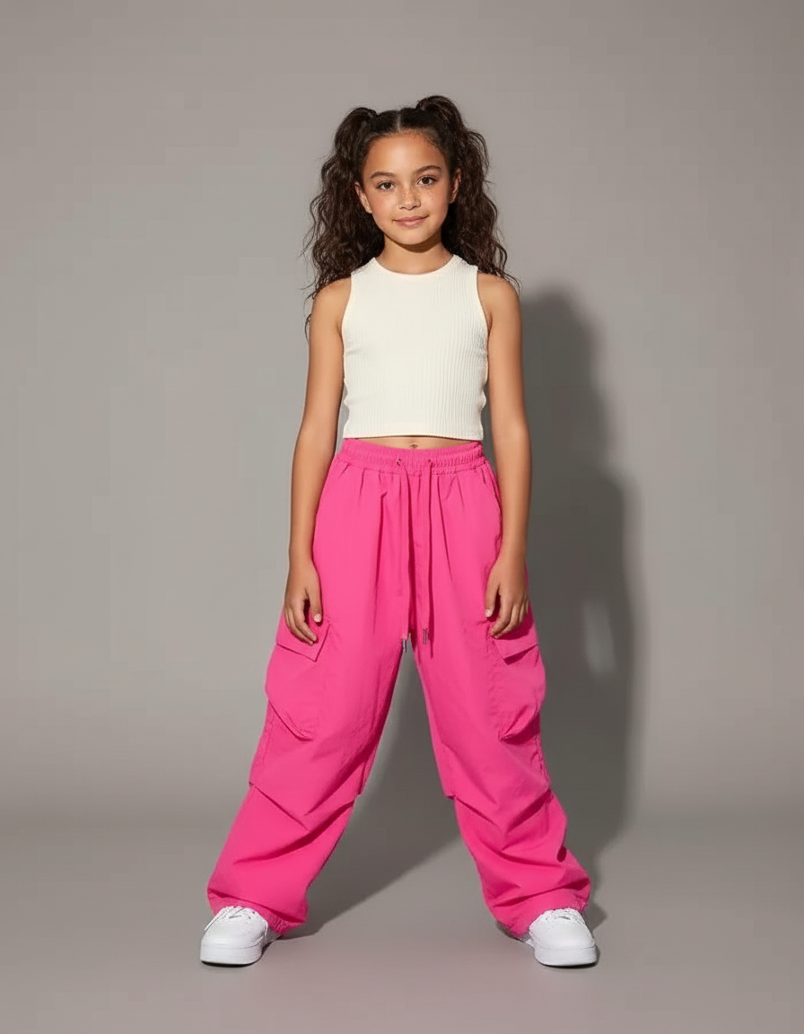 Pantalon Parachute Rose Vif Cargo Ample Enfant Fille - Polyester