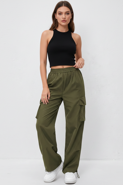 Pantalon Parachute Kaki Ample Cargo Taille Élastique - Polyester