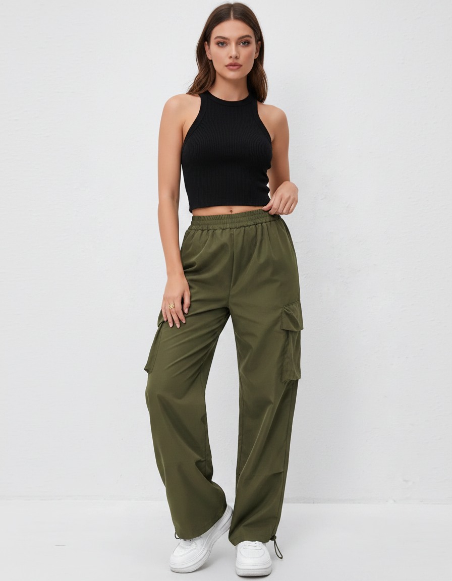 Pantalon Parachute Kaki Ample Cargo Taille Élastique - Polyester