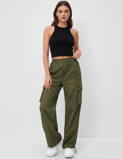 Pantalon Parachute Kaki Ample Cargo Taille Élastique - Polyester