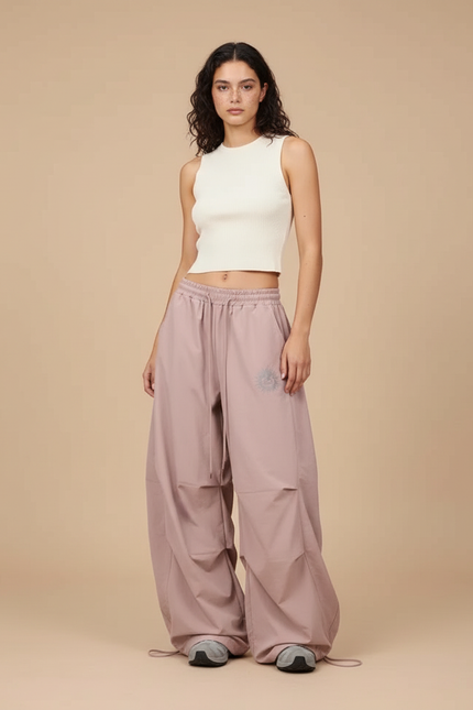 Pantalon Parachute Rose Ample Plissé Graphique Décontracté - Polyester