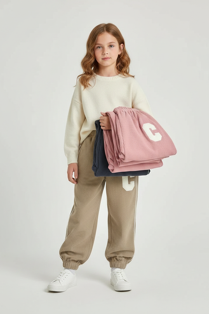 Pantalon Parachute Beige Côtelé Lettre C Fille - Cordé